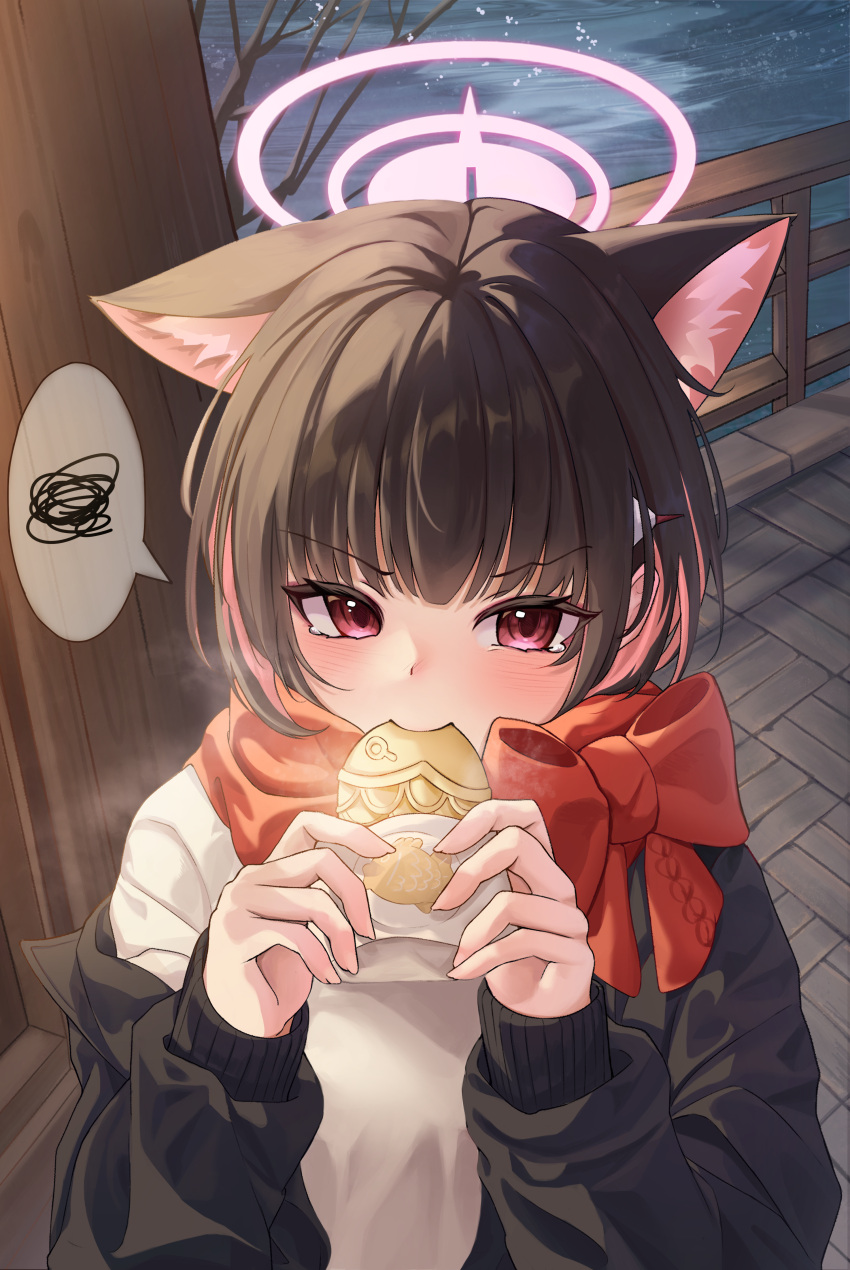 1girl absurdres animal_ear_fluff animal_ears black_hair black_jacket blue_archive bow cat_ears cat_girl cela_(akeeeeee675) colored_inner_hair commentary eating food_in_mouth halo highres jacket kazusa_(blue_archive) looking_at_viewer multicolored_hair open_clothes open_jacket outdoors pink_hair red_eyes red_scarf river scarf scarf_bow shirt solo streaked_hair two-tone_hair upper_body v-shaped_eyebrows white_shirt