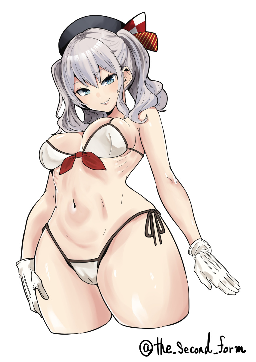1girl absurdres bikini blue_eyes breasts cropped_legs front-tie_bikini_top front-tie_top gloves grey_hair highres kantai_collection kashima_(kancolle) medium_breasts navel one-hour_drawing_challenge side-tie_bikini_bottom simple_background solo swimsuit the_second_form twintails twitter_username wavy_hair white_background white_bikini white_gloves
