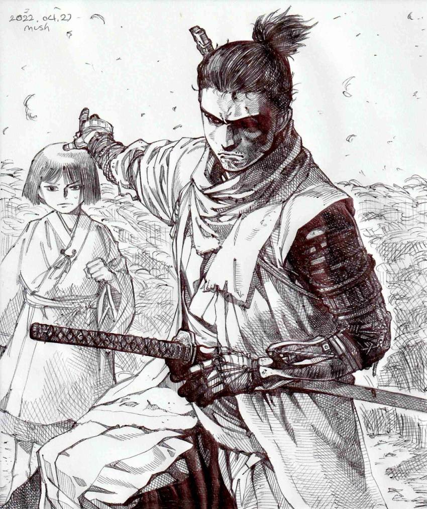 2boys arm_wrap artist_name behind_another blunt_ends bob_cut closed_mouth cowboy_shot dated fighting_stance floating_hair frown hair_slicked_back hakama hakama_pants hand_on_sheath highres japanese_clothes katana kimono kuro_the_divine_heir legs_apart long_sleeves looking_at_viewer male_focus multiple_boys mushroom_(osh320) mustache_stubble nervous outstretched_arm pants prosthesis prosthetic_arm protecting redrawn robe sash scar scar_across_eye scarf sekiro sekiro:_shadows_die_twice serious shaded_face sheath sheathed short_hair short_kimono short_ponytail single_sode sleeveless sleeveless_jacket standing sweatdrop sword sword_on_back weapon weapon_on_back wide_sleeves
