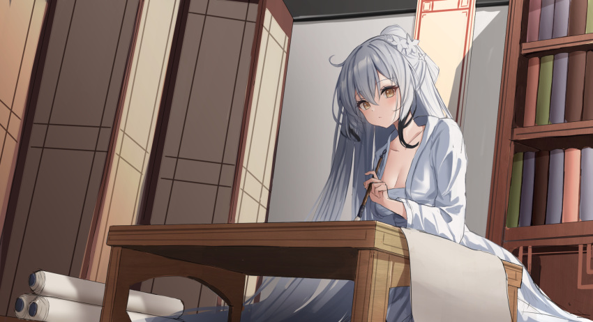 1girl absurdly_long_hair azur_lane black_hair bookshelf breasts calligraphy_brush chinese_clothes cleavage closed_mouth flower gradient_hair grey_hair hai_tien_(autumn_night_of_wandering_spirits)_(azur_lane) hai_tien_(azur_lane) hair_between_eyes hair_flower hair_ornament hanfu highres light_blush long_hair looking_at_viewer medium_breasts multicolored_hair official_alternate_costume paintbrush scroll sitting sketch slepii4 very_long_hair yellow_eyes