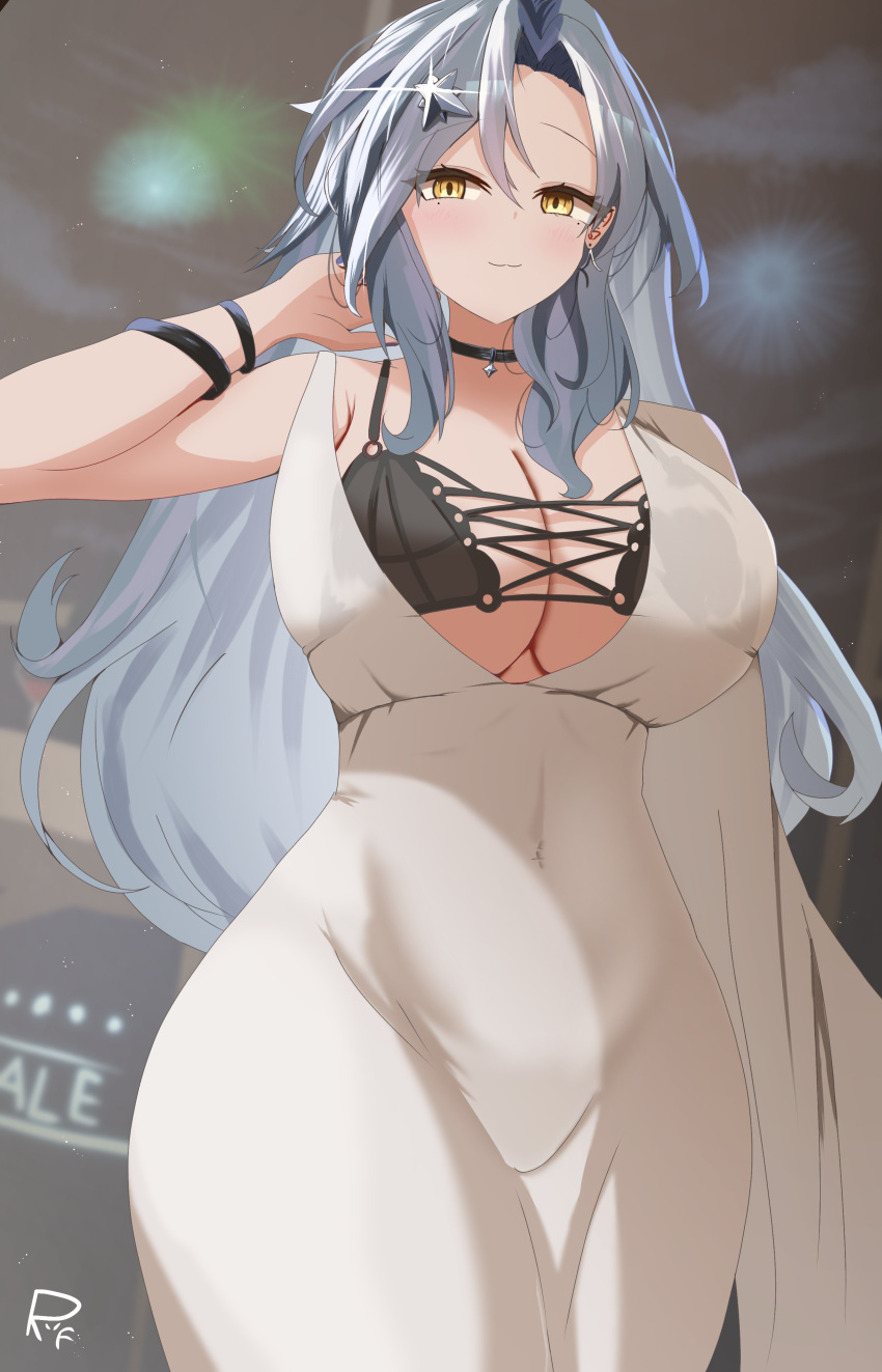 1girl :3 absurdres arm_at_side azur_lane black_bra black_choker blurry blurry_background bra bracelet breasts chkalov_(azur_lane) choker cleavage closed_mouth commission covered_navel dress grey_hair hair_between_eyes hair_ornament hand_in_own_hair highres jewelry large_breasts long_hair looking_at_viewer parted_bangs riflech sidelocks single_bare_arm smile solo standing star_(symbol) star_hair_ornament underwear white_dress yellow_eyes