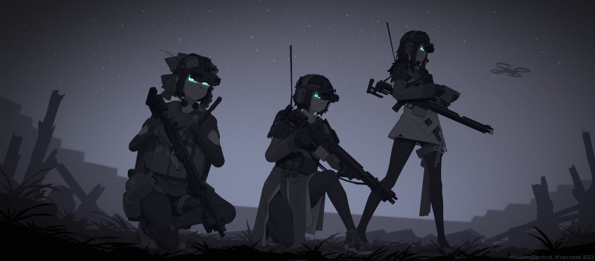 3girls absurdres assault_rifle dark glowing gun headset helmet highres load_bearing_vest military multiple_girls night night_vision_device nusisring_tactical quadcopter ribbon rifle short_hair tactical_clothes vectorek weapon xu_shangwu xu_shangyu yang_simo