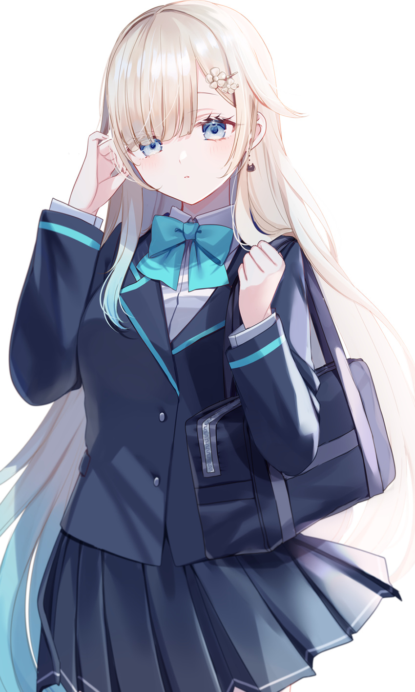 1girl aizawa_ema aqua_bow aqua_bowtie bag black_bag black_jacket black_skirt blazer blonde_hair blue_eyes blunt_bangs blush bow bowtie cat_earrings collared_shirt cowboy_shot flower gradient_hair green_hair hair_flaps hair_flower hair_ornament hairclip hand_in_own_hair highres holding_strap jacket long_hair looking_at_viewer misumi_(macaroni) multicolored_hair parted_lips pleated_skirt school_bag shirt shoulder_bag sidelocks simple_background skirt very_long_hair virtual_youtuber vspo! white_background white_shirt