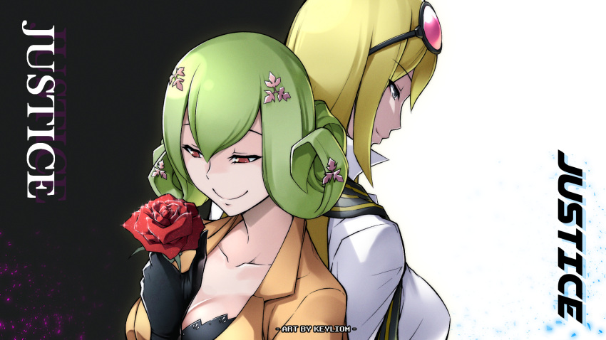 2girls black_shirt blonde_hair breasts brown_eyes cleavage collarbone curly_hair digimon digimon_story:_cyber_sleuth eyewear_on_head flower green_hair highres jacket keyliom kishibe_rie kuremi_kyouko large_breasts long_hair multiple_girls multiple_hairpins rose shirt simple_background sunglasses white_shirt yellow_jacket