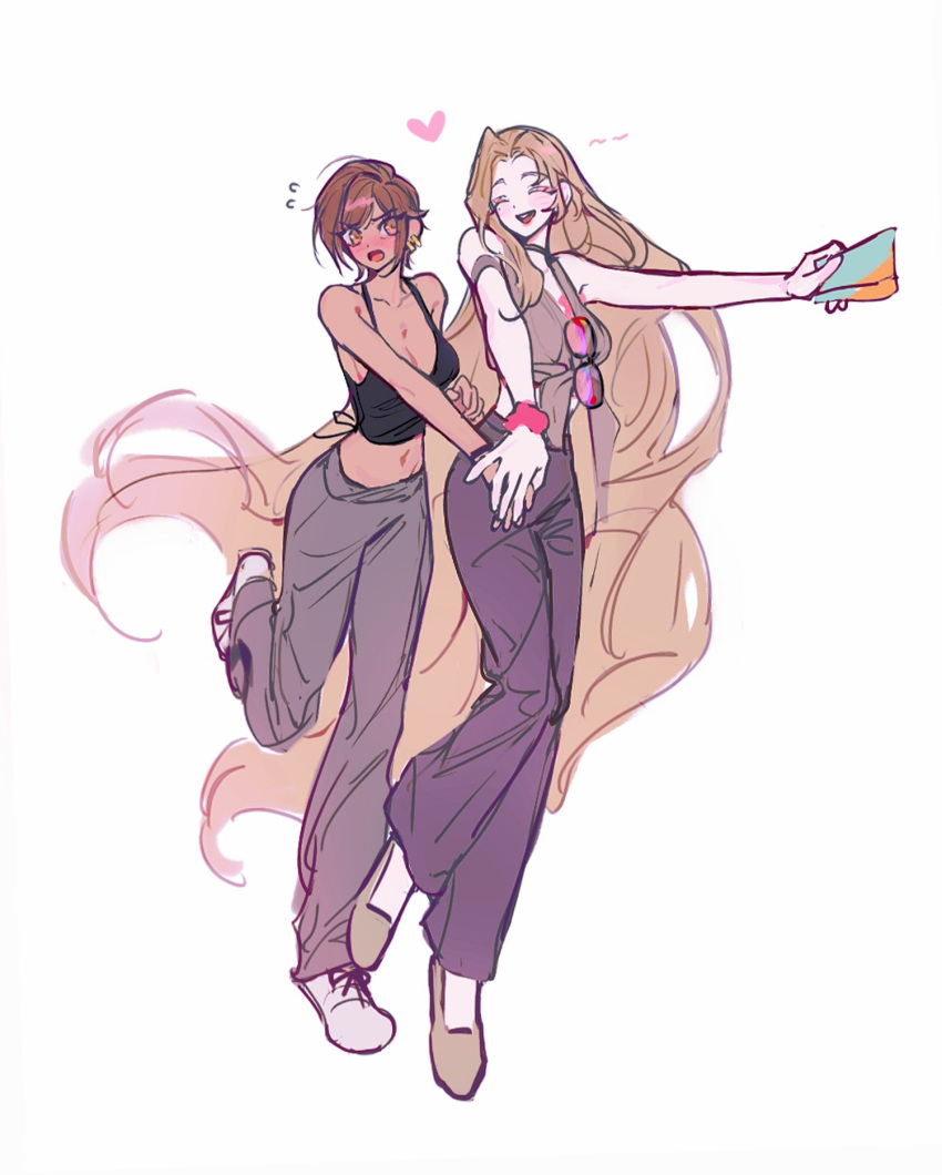 2girls blue_pants blush breasts brown_eyes brown_hair card cleavage collarbone full_body grey_pants highres holding holding_card holding_hands huyj_cl large_breasts limbus_company long_hair multiple_girls open_mouth outis_(project_moon) pants project_moon rodion_(project_moon) shirt short_hair simple_background sleeveless sleeveless_shirt very_long_hair white_background