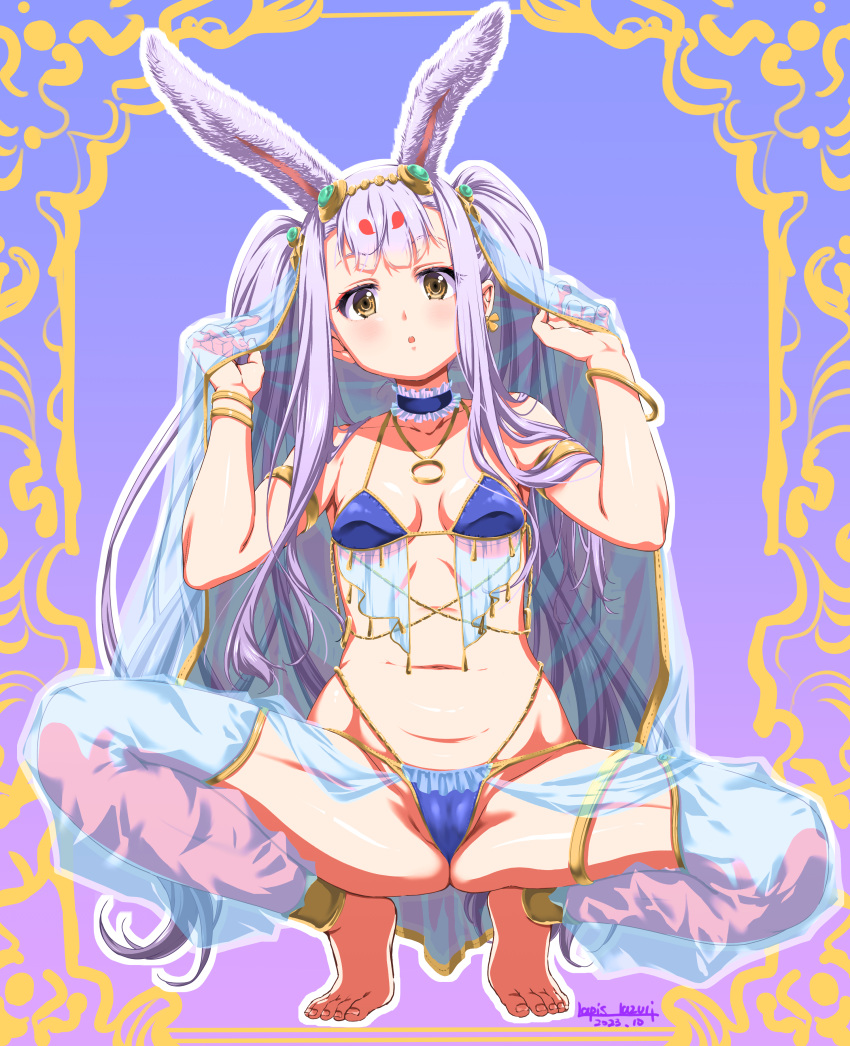 1girl absurdres animal_ears arms_up ass azur_lane barefoot bikini blue_bikini bracelet breasts brown_eyes cameltoe circlet commentary_request feet gem harem_outfit highleg highleg_bikini highres jewelry legs long_hair looking_at_viewer navel necklace rabbit_ears rabbit_girl shimakaze_(azur_lane) small_breasts solo spread_legs squatting stomach swimsuit thighlet thighs toes two_side_up umyonge_(lkakeu) very_long_hair white_hair
