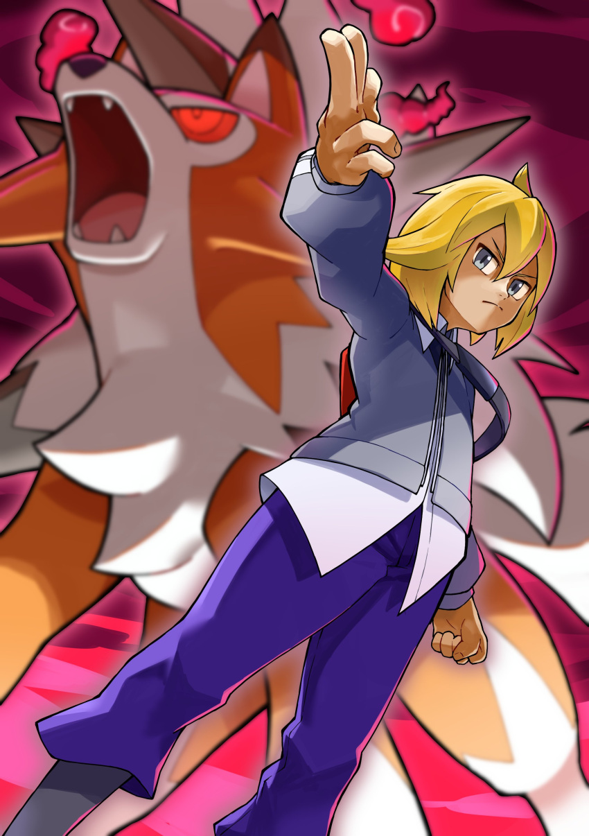 1boy absurdres blonde_hair clenched_hand colored_sclera dynamax fangs finger_gun grey_eyes highres kenn_pichi lycanroc lycanroc_(dusk) male_focus open_mouth pants paulo_(pokemon) pokemon pokemon_(creature) pokemon_masters_ex purple_pants red_sclera