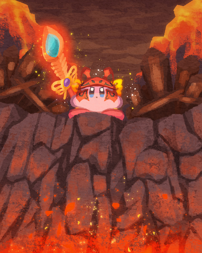 embers fire frown glowing glowing_sword glowing_weapon helmet highres kirby kirby:_star_allies kirby_(series) looking_to_the_side miclot molten_rock morpho_knight red_sky sky sparkle sword torch volcano weapon