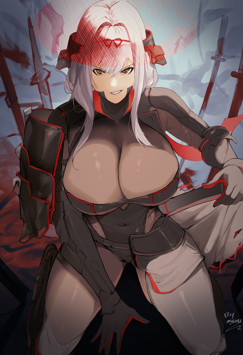 1girl absurdres arm_guards armor armored_bodysuit black_leotard bodysuit breasts brown_bodysuit brown_eyes cleavage covered_navel goddess_of_victory:_nikke grey_hair grin hair_intakes highres japanese_armor katana large_breasts leotard long_hair looking_at_viewer nyahpa20 scarlet_(black_shadow)_(nikke) scarlet_(nikke) see-through see-through_cleavage sidelocks smile solo sword thighs weapon