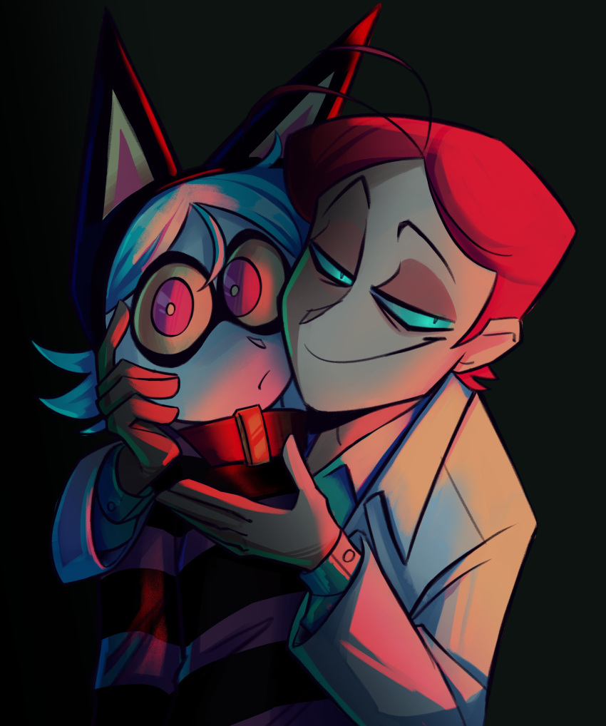 ._. 1boy 1girl absurdres alinics animal_collar animal_ears blue_hair blue_sclera cat_ears collar colored_sclera dark fake_animal_ears hand_on_another's_face highres lab_coat looking_at_viewer masacrik mimi_(psychocuties) psychocuties red_eyes red_hair short_hair simple_background smile striped striped_sweater sweater upper_body yellow_sclera