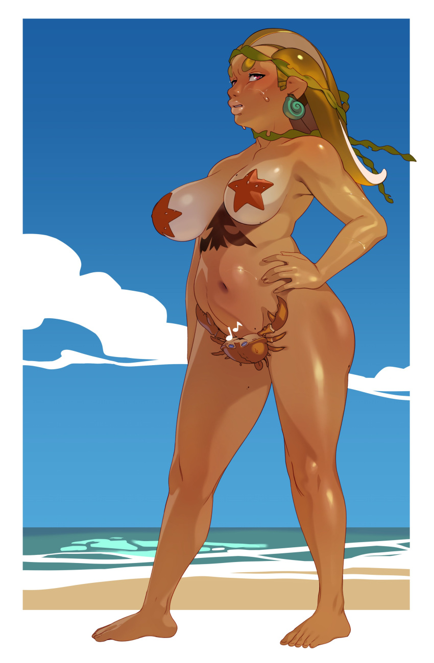 1girl absurdres beach blue_sky border breasts cloud combos_&amp;_doodles crab dark-skinned_female dark_skin day earrings hand_on_own_hip highres jewelry large_breasts long_hair looking_at_viewer madagascar_(series) musical_note navel octoling outdoors red_eyes shell shell_earrings sky solo splatoon_(series) spoken_musical_note starfish starfish_bikini takoko_yakisoba_(combos_&amp;_doodles) tentacle_hair white_border