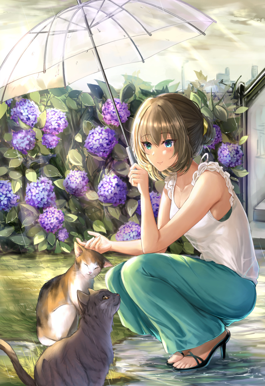 1girl aqua_pants bangs bare_arms blue_eyes blush breasts bush cat cleavage cloud cloudy_sky collarbone eyebrows_behind_hair flower grass green_eyes green_hair hair_between_eyes heterochromia high_heels highres idolmaster idolmaster_cinderella_girls medium_breasts mole mole_under_eye nyome991 outdoors plant puddle purple_flower railing rain see-through shirt sidelocks sky sleeveless sleeveless_shirt smile stairs sunlight takagaki_kaede toeless_footwear toes umbrella water_drop