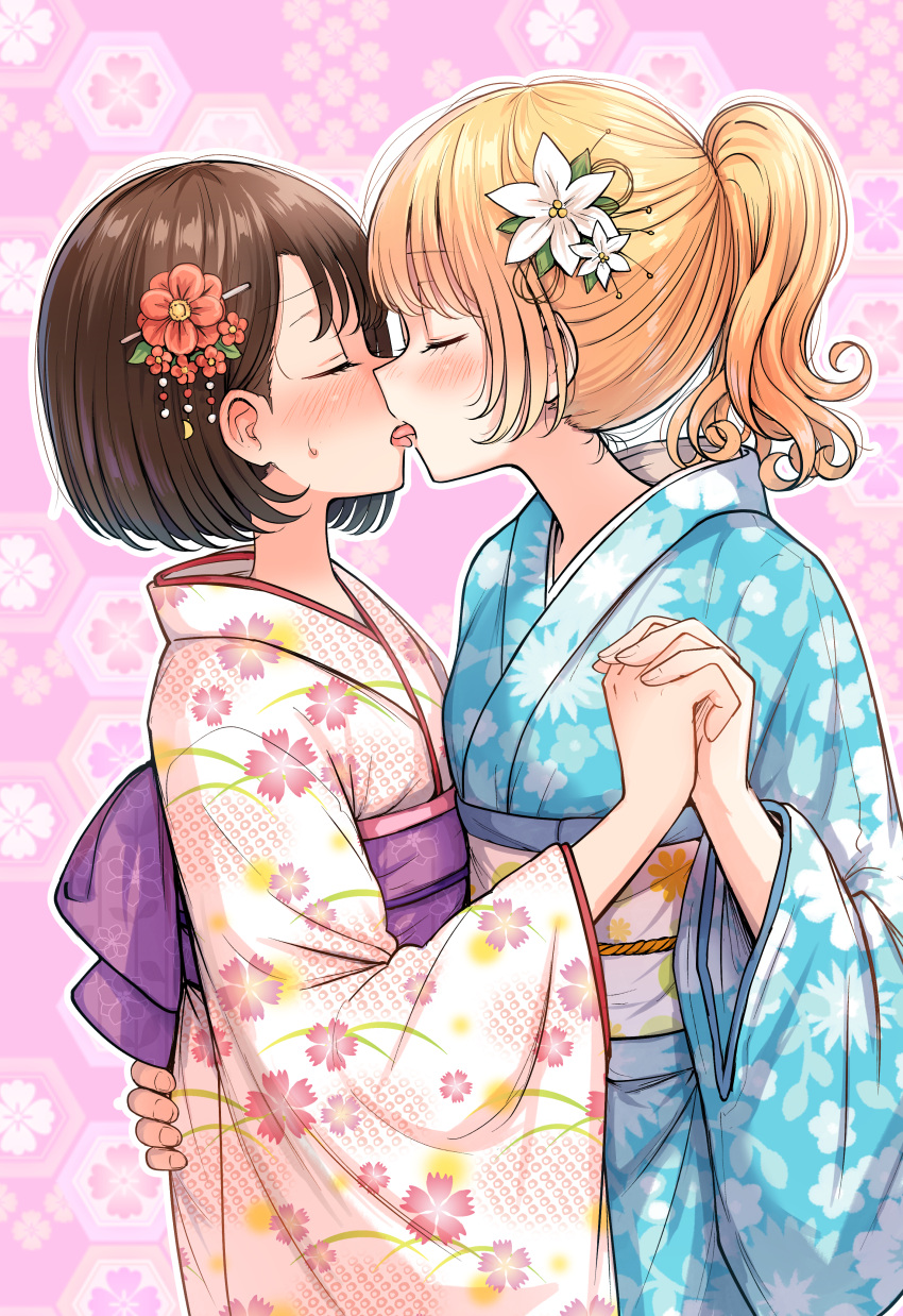 2girls absurdres betock blonde_hair blue_kimono blush closed_eyes floral_background floral_print flower french_kiss highres holding_hands interlocked_fingers japanese_clothes kimono kiss long_sleeves multiple_girls original pink_background print_kimono red_flower tongue tongue_out white_flower white_kimono wide_sleeves yuri