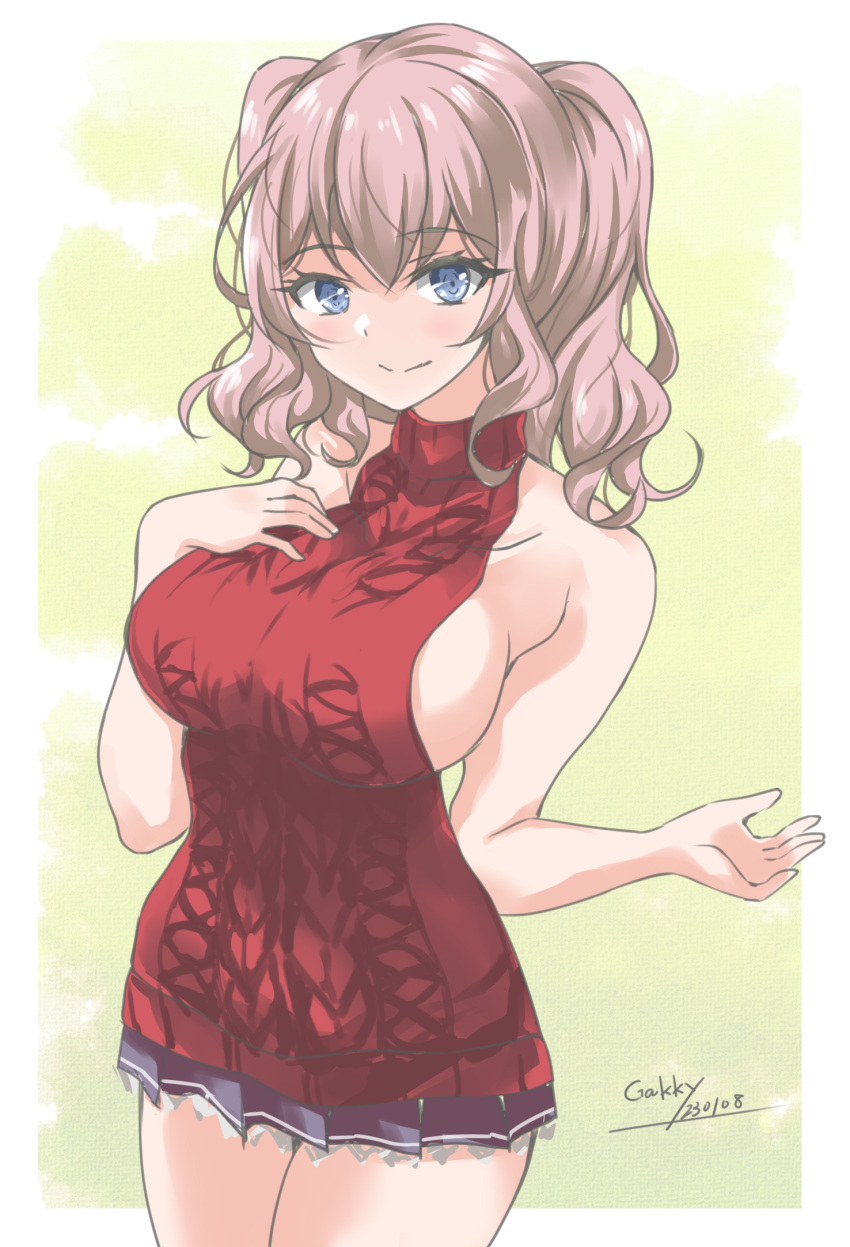 1girl alternate_costume blue_eyes breasts cowboy_shot gakky grey_hair grey_skirt highres kantai_collection kashima_(kancolle) large_breasts meme_attire one-hour_drawing_challenge pleated_skirt red_sweater skirt sleeveless sleeveless_sweater smile solo sweater twintails virgin_killer_sweater wavy_hair