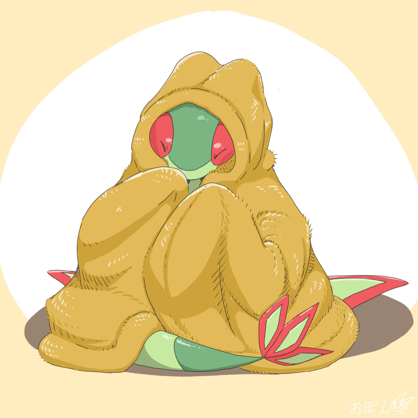 0bon animal_focus blanket brown_background closed_eyes closed_mouth colored_skin commentary_request flygon green_skin highres no_humans pokemon pokemon_(creature) red_trim sitting tail two-tone_background under_covers white_background