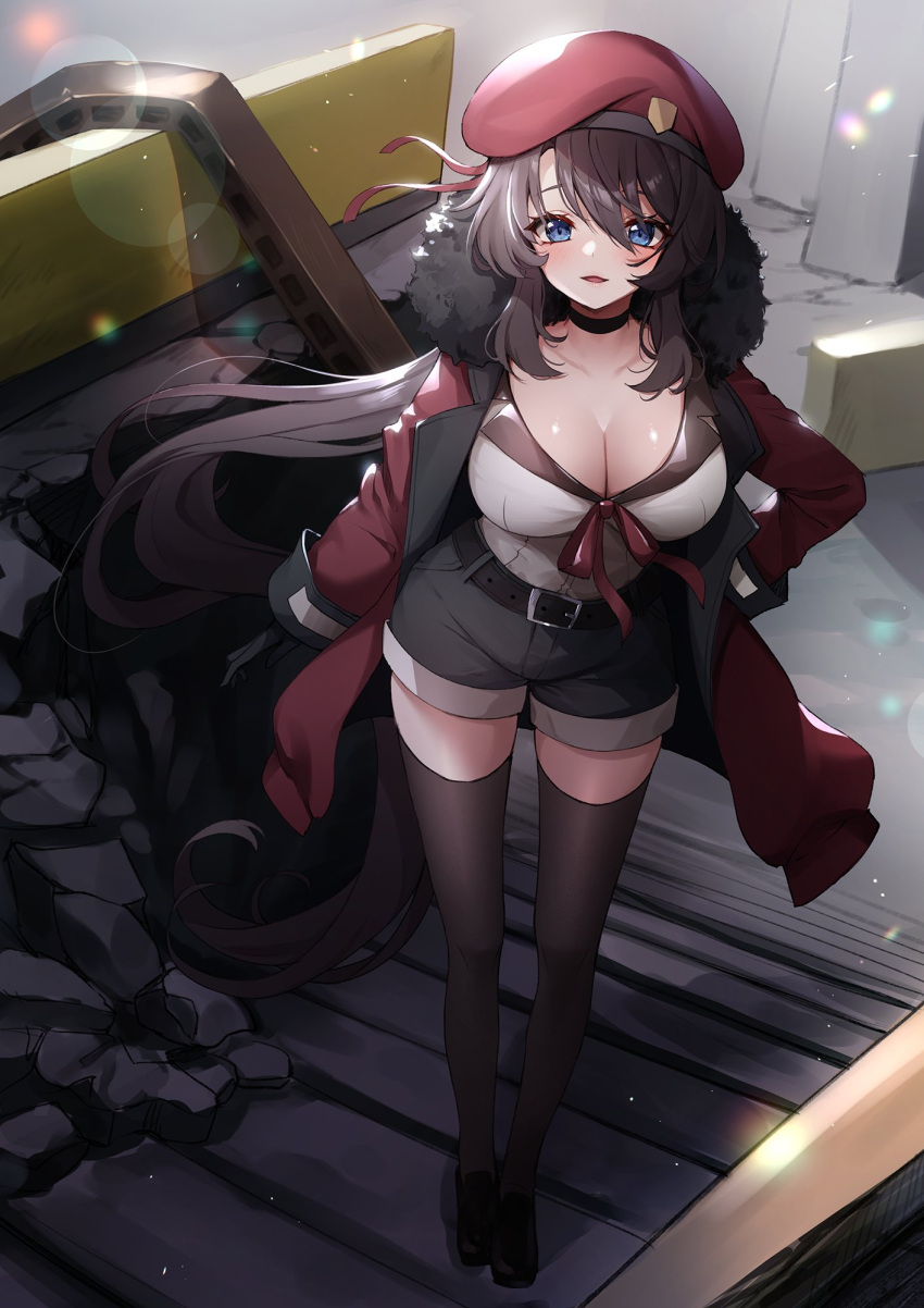 1girl ankkoyom beret black_choker black_footwear black_gloves black_shorts black_thighhighs blue_eyes breasts brown_hair choker cleavage coat collarbone commission female_commander_(girls'_frontline) full_body fur-trimmed_coat fur_trim girls'_frontline gloves hair_between_eyes hand_on_own_hip hat highres journey_in_the_auspicious_snow_(girls'_frontline) large_breasts lens_flare long_hair long_sleeves looking_at_viewer open_mouth original outdoors red_coat red_headwear red_ribbon ribbon shirt shirt_tucked_in shorts sidelocks solo termichan_(not-a-bot) thighhighs very_long_hair white_shirt