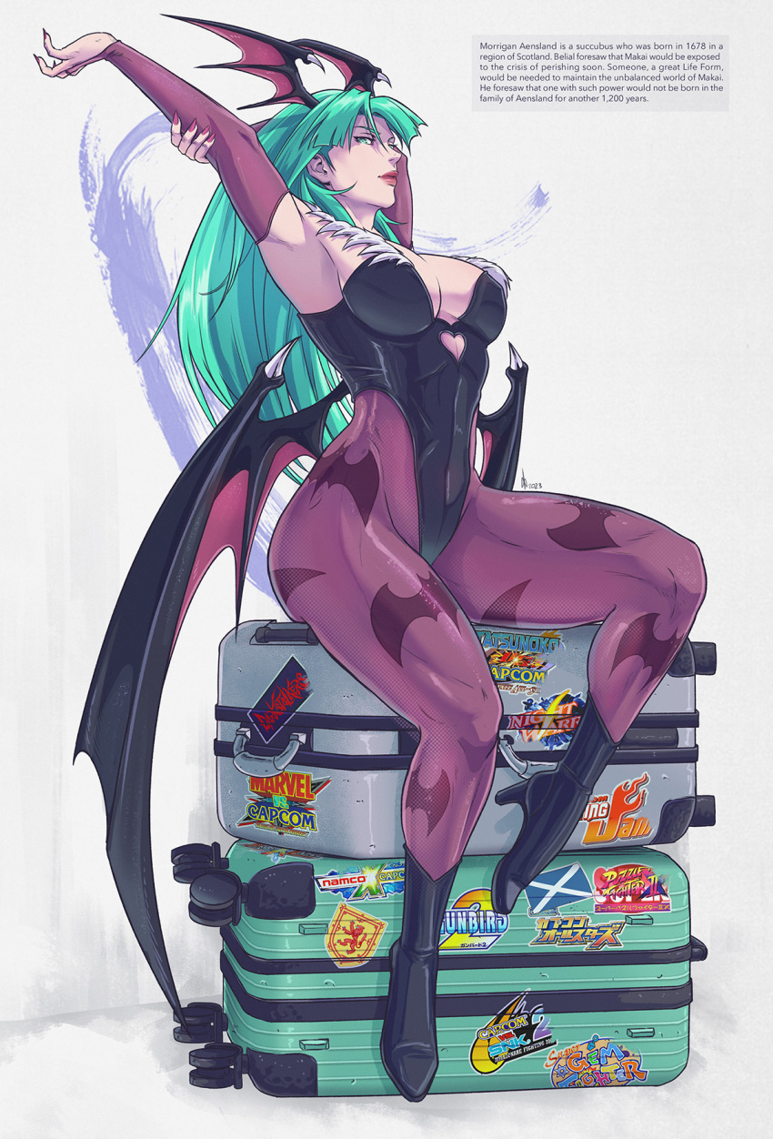 1girl animal_print bat_print black_footwear boots breasts capcom clothing_cutout english_text fingernails full_body green_eyes green_hair hands_up head_wings high_heel_boots high_heels highres jhony_caballero leotard long_hair looking_at_viewer morrigan_aensland pantyhose print_pantyhose purple_pantyhose sharp_fingernails sitting solo strapless strapless_leotard suitcase vampire_(game) wings
