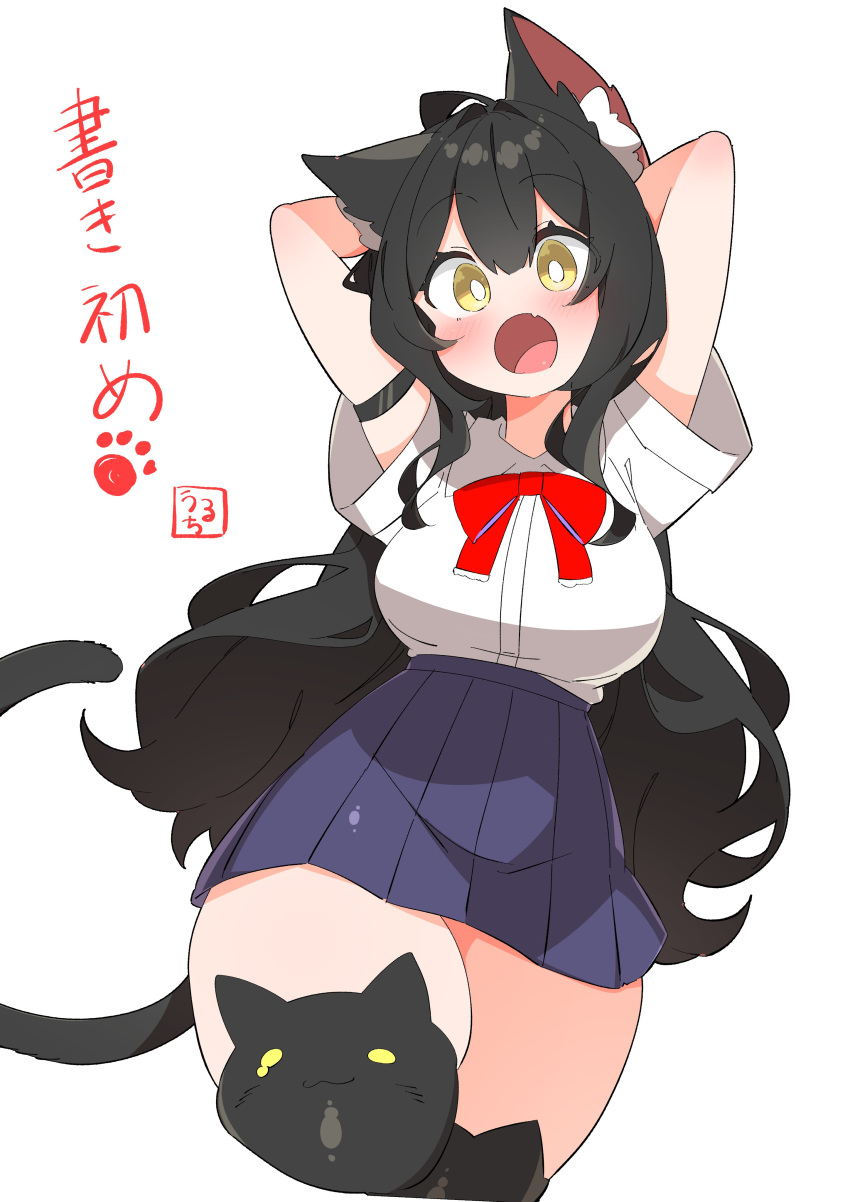 1girl :o absurdres animal_ears animal_print arm_garter armband arms_behind_head black_armband black_hair bow breasts bright_pupils cat_ears cat_girl cat_print cat_tail cropped_legs fang highres large_breasts long_hair no_nose open_mouth original paw_print red_bow school_uniform solo tail thick_thighs thighhighs thighs uruti_2388 very_long_hair white_background white_pupils yellow_eyes zettai_ryouiki
