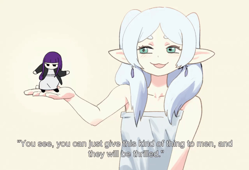 2023 animated blue_hair colo dancing dialogue duo elf english_text female fern_(frieren) frieren frieren_beyond_journey's_end hair human humanoid humanoid_pointy_ears humor mammal not_furry pigtails purple_hair text