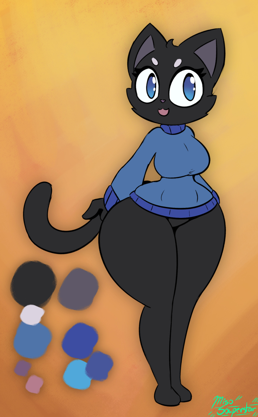 2023 anthro big_butt blep blue_clothing blue_eyes blue_sweater blue_topwear bottom_heavy bottomless breasts butt clothed clothing domestic_cat felid feline felis female front_view grey_inner_ear grey_nose hi_res huge_butt huge_thighs looking_at_viewer maisy_(miso_souperstar) mammal medium_breasts miso_souperstar model_sheet solo sweater thick_thighs tongue tongue_out topwear wide_hips