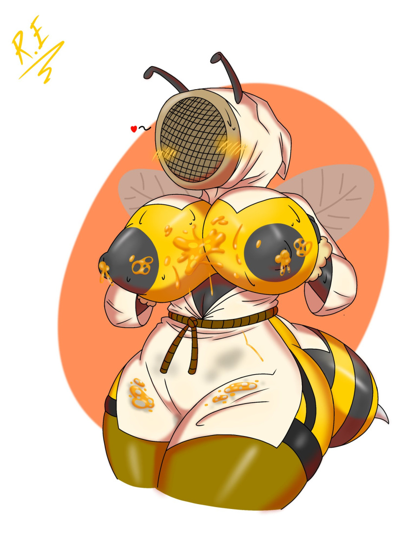 &lt;3 antennae_(anatomy) anthro areola arthropod arthropod_abdomen bee beekeeper big_breasts blush blush_lines bodily_fluids breasts clothing exposed_breasts female food grey_areola grey_nipples hi_res honey_(food) huge_breasts hymenopteran insect insect_wings lactating lactating_honey mask nipples pink_background raul_maduro simple_background solo stinger_(anatomy) thick_thighs unusual_bodily_fluids unusual_lactation white_background white_clothing wide_hips wings yellow_body