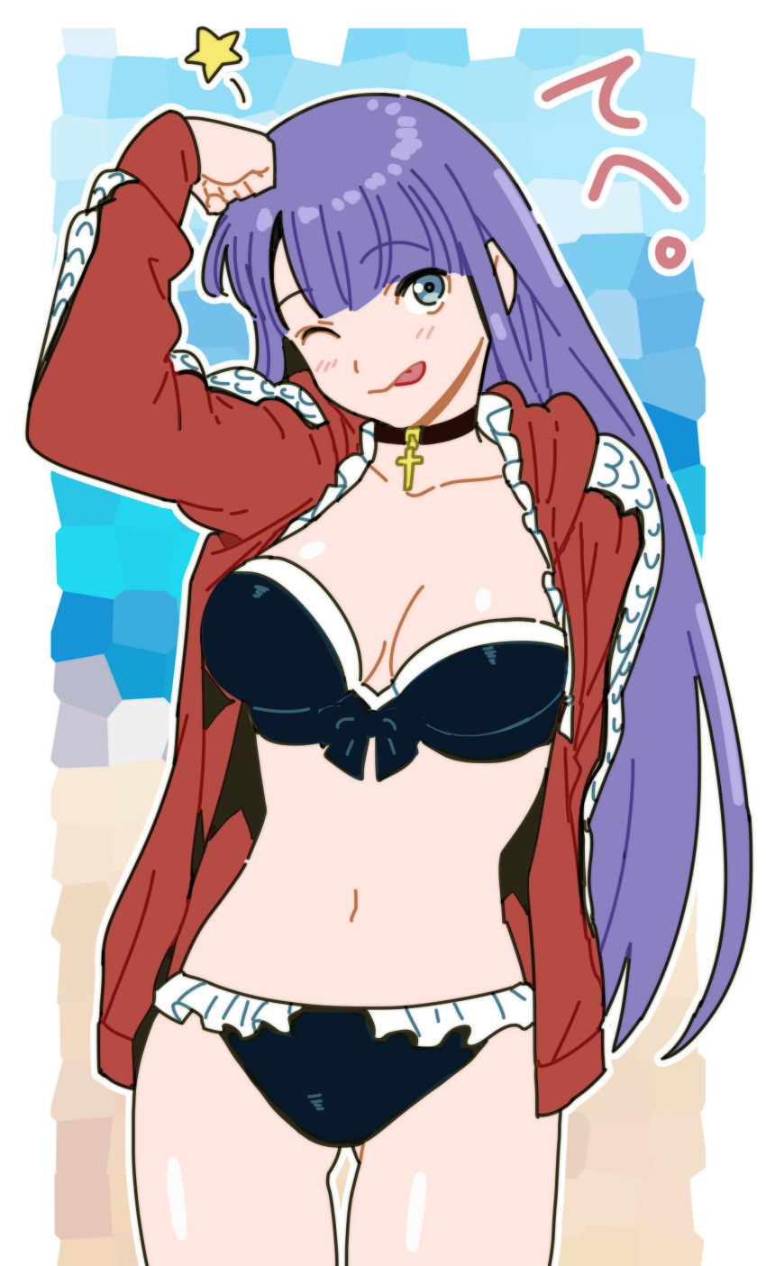 1girl absurdres aoba_(smartbeat) bangs bikini black_bikini blue_eyes breasts choker cleavage collarbone cross cross_choker fate/grand_order fate_(series) highres jacket large_breasts long_hair long_sleeves looking_at_viewer martha_(fate) martha_(swimsuit_ruler)_(fate) martha_(swimsuit_ruler)_(second_ascension)_(fate) navel one_eye_closed open_clothes open_jacket purple_hair red_jacket smile solo swimsuit thighs tongue tongue_out