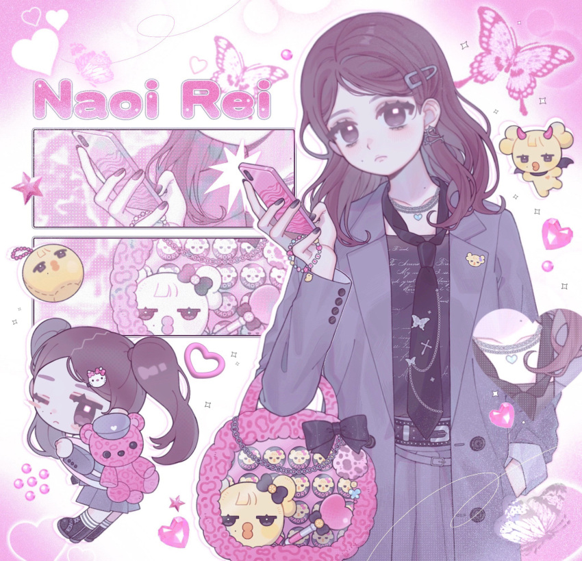 1girl bag belt black_belt black_bow black_eyes black_footwear black_necktie black_shirt blush boots bow bug butterfly cellphone character_name chibi collarbone frown grey_skirt hair_behind_ear hair_ornament hairclip handbag head_tilt heart hello_kitty hello_kitty_(character) highres holding holding_phone ive_(group) k-pop mole mole_on_cheek multiple_views necktie o_bianyi_didi_shu_o one_eye_closed phone pink_bag pleated_skirt real_life rei_(ive) sanrio shirt skirt smartphone sparkle twintails