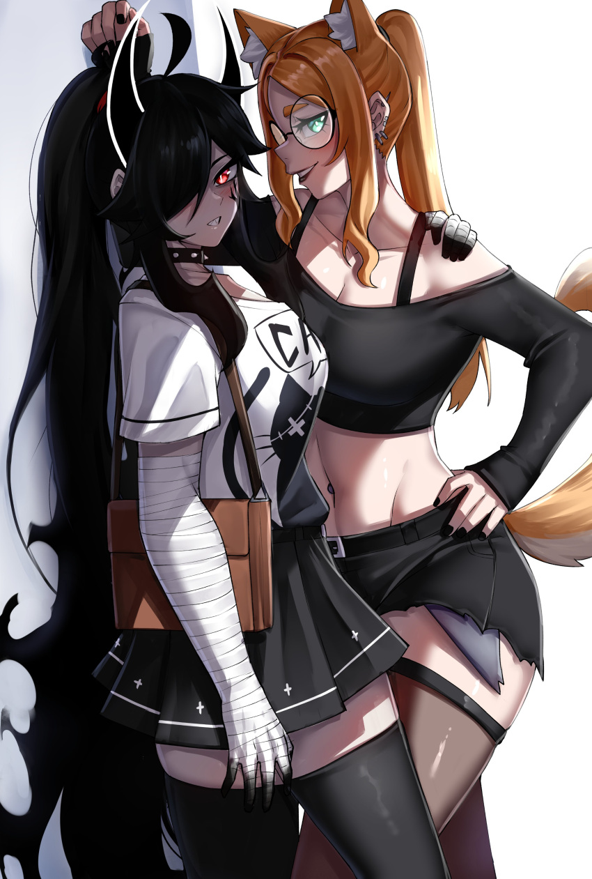 2girls absurdres ahoge animal_ear_fluff animal_ears aqua_eyes bandaged_arm bandages black_choker black_hair black_nails black_shirt black_skirt black_thighhighs borrowed_character breasts choker cleavage clothes_writing commentary crop_top fox_ears fox_tail fran_(gudanco_(nyanmeowzer)) glasses grey_thighhighs grin hair_over_one_eye hand_on_own_hip highres horns kabedon kory_gardentale large_breasts long_hair looking_at_viewer midriff miniskirt multiple_girls nail_polish off-shoulder_shirt off_shoulder orange_hair original ponytail rageman709 red_eyes round_eyewear shirt skirt smile tail thighhighs very_long_hair white_shirt yuri zettai_ryouiki