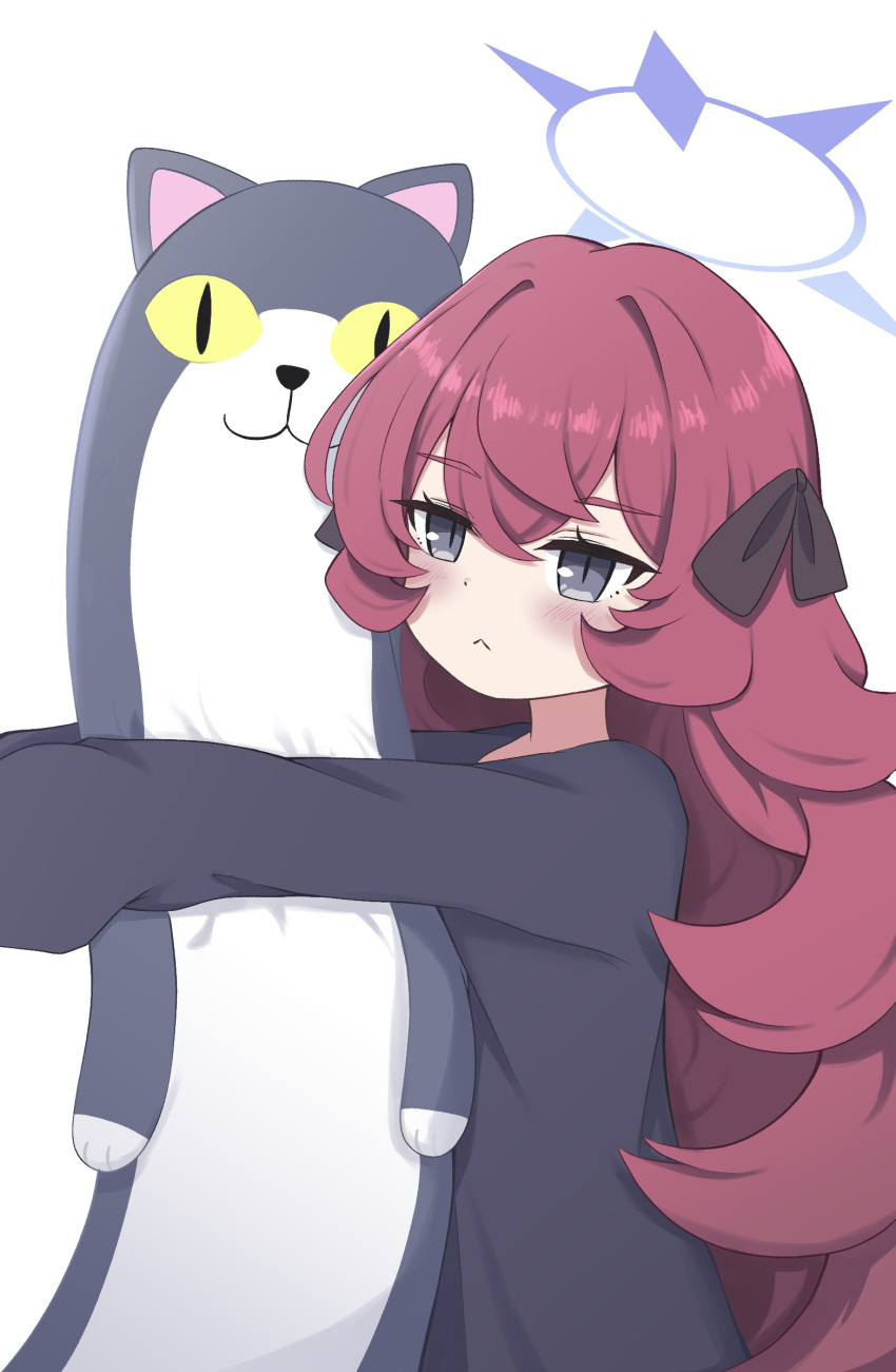 1girl black_shirt blue_archive blue_halo blush closed_mouth grey_eyes hair_between_eyes halo highres iroha_(blue_archive) koucha_(sr4ez) long_hair long_sleeves red_hair shirt simple_background slit_pupils solo stuffed_animal stuffed_cat stuffed_toy upper_body white_background