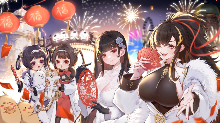 4girls absurdres azur_lane blonde_hair breasts brown_hair cleavage cleavage_cutout clothing_cutout flower hair_flower hair_ornament harbin_(azur_lane) highres kisa2kb large_breasts manjuu_(azur_lane) multiple_girls ning_hai_(azur_lane) ping_hai_(azur_lane) red_eyes see-through see-through_cleavage sideboob sideboob_cutout yat_sen_(azur_lane) yellow_eyes