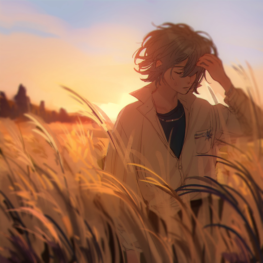 1boy absurdres arm_at_side blue_hair blue_undershirt blurry breast_pocket closed_eyes coke_6 collared_shirt depth_of_field field grey_hair hair_over_one_eye hand_up highres jewelry long_sleeves mahoutsukai_no_yakusoku male_focus nature necklace nero_turner outdoors partially_unbuttoned pocket shirt short_hair sky solo twilight undershirt white_shirt