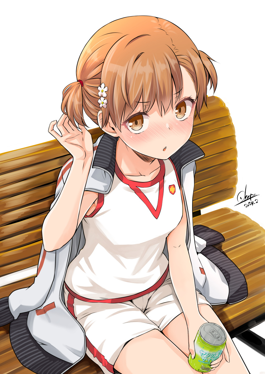 1girl absurdres bench blush breasts brown_eyes brown_hair can collarbone commentary_request drink flower gym_shirt gym_shorts gym_uniform hair_flower hair_ornament hair_tie highres holding holding_can holding_drink jacket medium_hair misaka_mikoto okara parted_lips shirt shorts sitting sleeveless sleeveless_shirt solo toaru_kagaku_no_railgun toaru_majutsu_no_index tokiwadai_school_gym_uniform twintails white_jacket white_shirt white_shorts