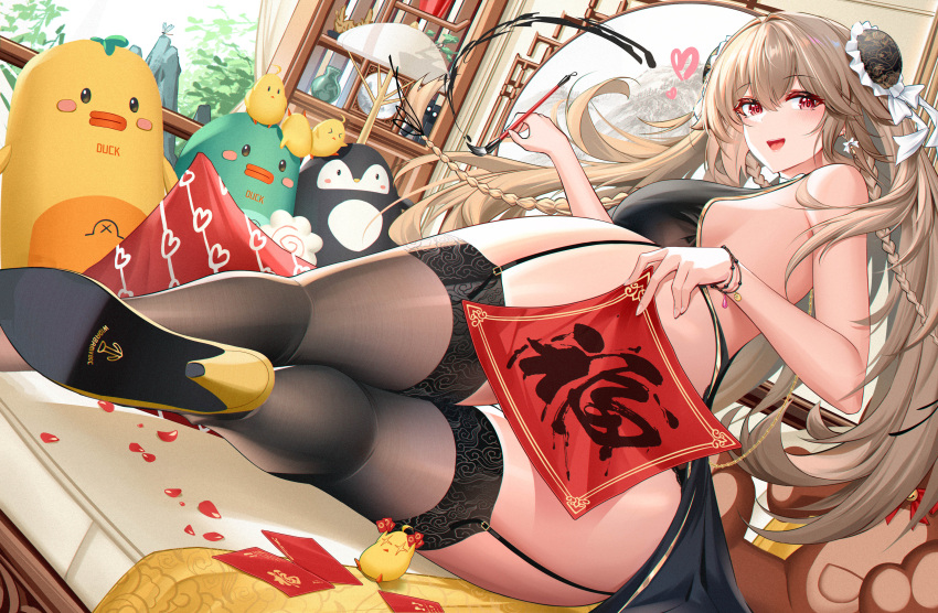 1girl absurdres anchorage_(azur_lane) anchorage_(moonlit_boat_ride)_(azur_lane) ass azur_lane back_cutout black_thighhighs bow bow_earrings bracelet braid breasts bun_cover china_dress chinese_clothes clothing_aside clothing_cutout convenient_censoring double_bun dress earrings from_behind garden01 garter_straps hair_bun heart high_heels highres holding_calligraphy_brush hongbao jewelry lace-trimmed_legwear lace_trim large_breasts light_brown_hair long_hair looking_at_viewer looking_back lying manjuu_(azur_lane) official_alternate_costume on_side open_mouth pelvic_curtain pelvic_curtain_aside smile stuffed_toy thighhighs twin_braids twintails