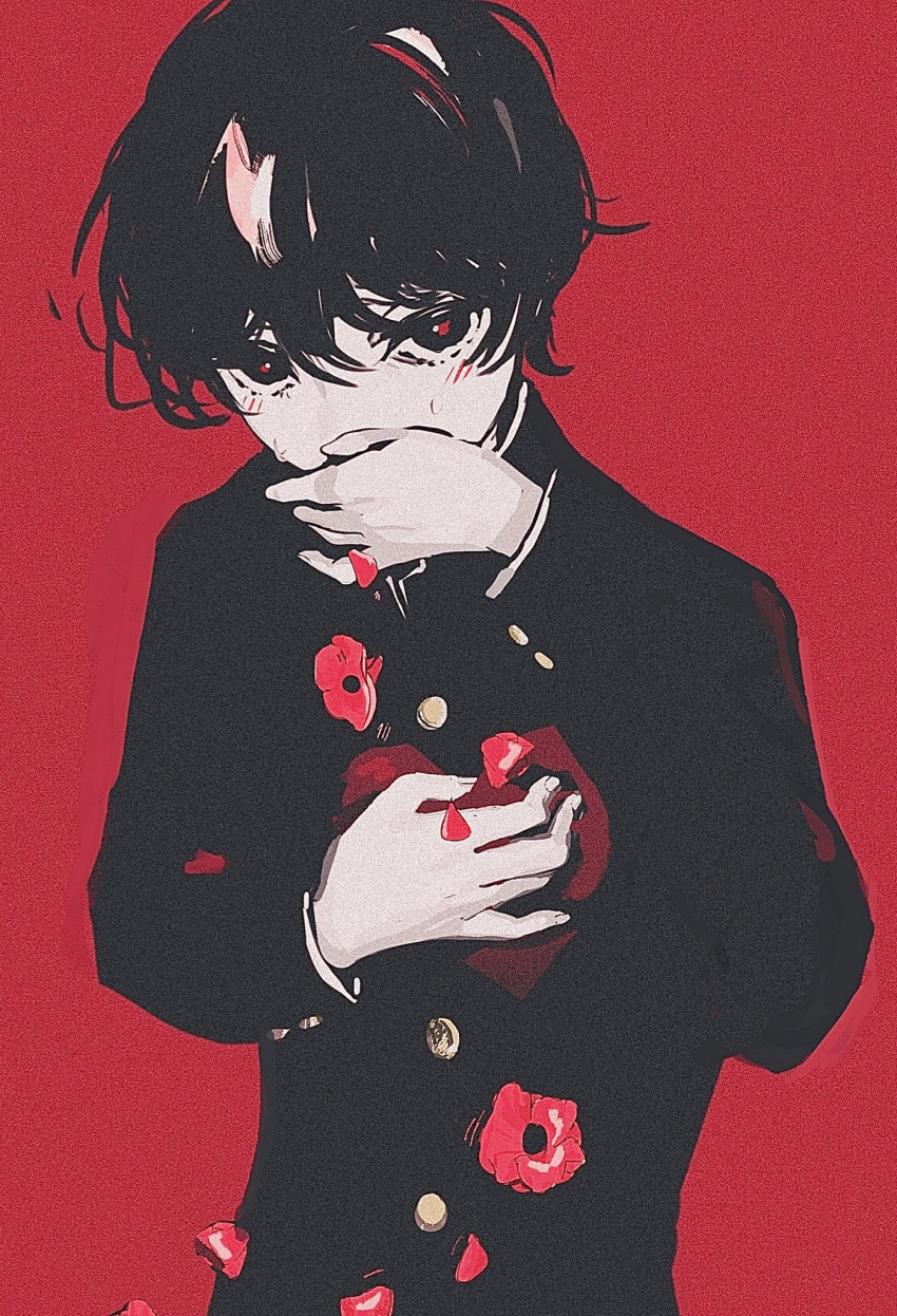 1boy coughing_flowers covered_mouth covering_own_mouth flower gakuran hand_on_own_chest hand_on_own_face hands_up highres long_sleeves looking_at_viewer male_focus monochrome original petals red_theme roundbee school_uniform short_hair simple_background solo tears upper_body