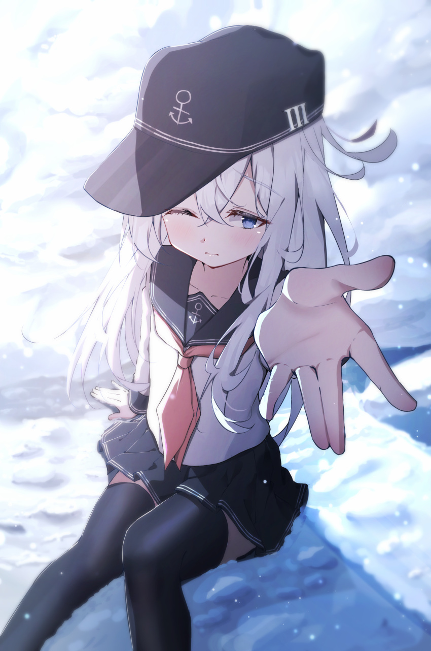 1girl absurdres anchor_symbol black_headwear black_sailor_collar black_skirt black_thighhighs blue_eyes blush closed_mouth dfd feet_out_of_frame flat_cap grey_hair hair_between_eyes hat hibiki_(kancolle) highres kantai_collection long_hair long_sleeves neckerchief one_eye_closed pleated_skirt red_neckerchief sailor_collar school_uniform serafuku skirt solo thighhighs