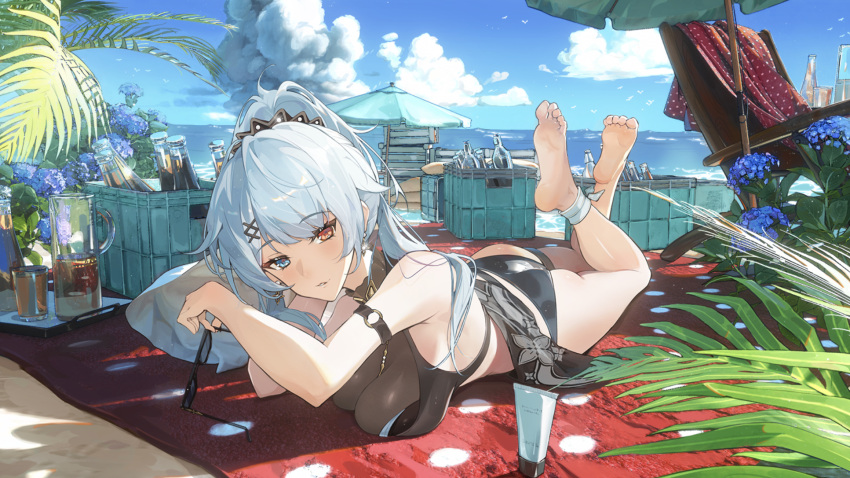 1girl aether_gazer arm_strap ass bangs barefoot beach_chair beach_umbrella bench blue_eyes breasts cleavage cloud cloudy_sky earrings eyewear_removed feet feet_up flower full_body glass_bottle glasses hair_ornament hairclip highres holding jewelry kotachi_(aether_gazer) legs long_hair looking_at_viewer lotion_bottle lying medium_breasts multicolored_eyes ocean on_stomach ponytail red_eyes sky soles solo surfboard swimsuit thighs toes toto_(caaaaarrot) tree umbrella white_hair