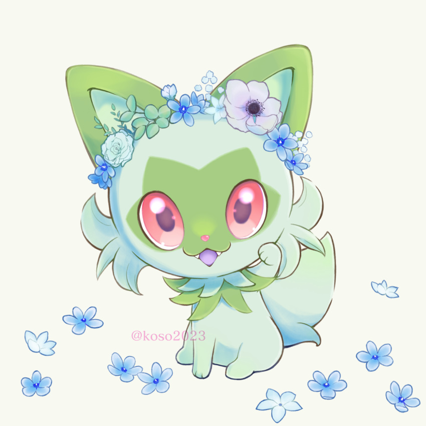 :d blue_flower commentary_request fangs flower happy highres koso2023 looking_at_viewer no_humans open_mouth pink_eyes pokemon pokemon_(creature) sitting smile solo sprigatito white_background