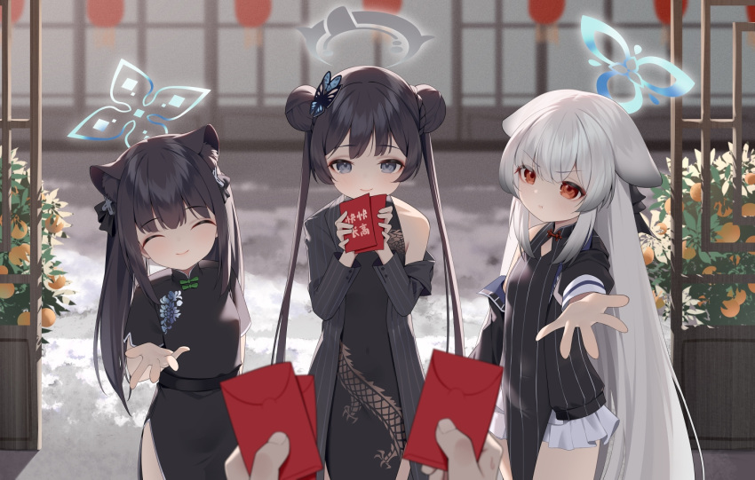 3girls animal_ears bingchuan_xian_yu_huang black_dress black_eyes black_hair blue_archive blue_halo breasts butterfly_hair_ornament china_dress chinese_clothes closed_eyes closed_mouth coat double_bun dragon_print dress extra_ears facing_viewer grey_coat grey_hair grey_halo hair_bun hair_ornament halo kisaki_(blue_archive) kokona_(blue_archive) long_hair long_sleeves looking_at_viewer multicolored_hair multiple_girls open_clothes open_coat orange_eyes pout short_sleeves shun_(blue_archive) shun_(small)_(blue_archive) small_breasts smile streaked_hair striped_clothes striped_coat tiger_ears twintails two_side_up vertical-striped_clothes vertical-striped_coat