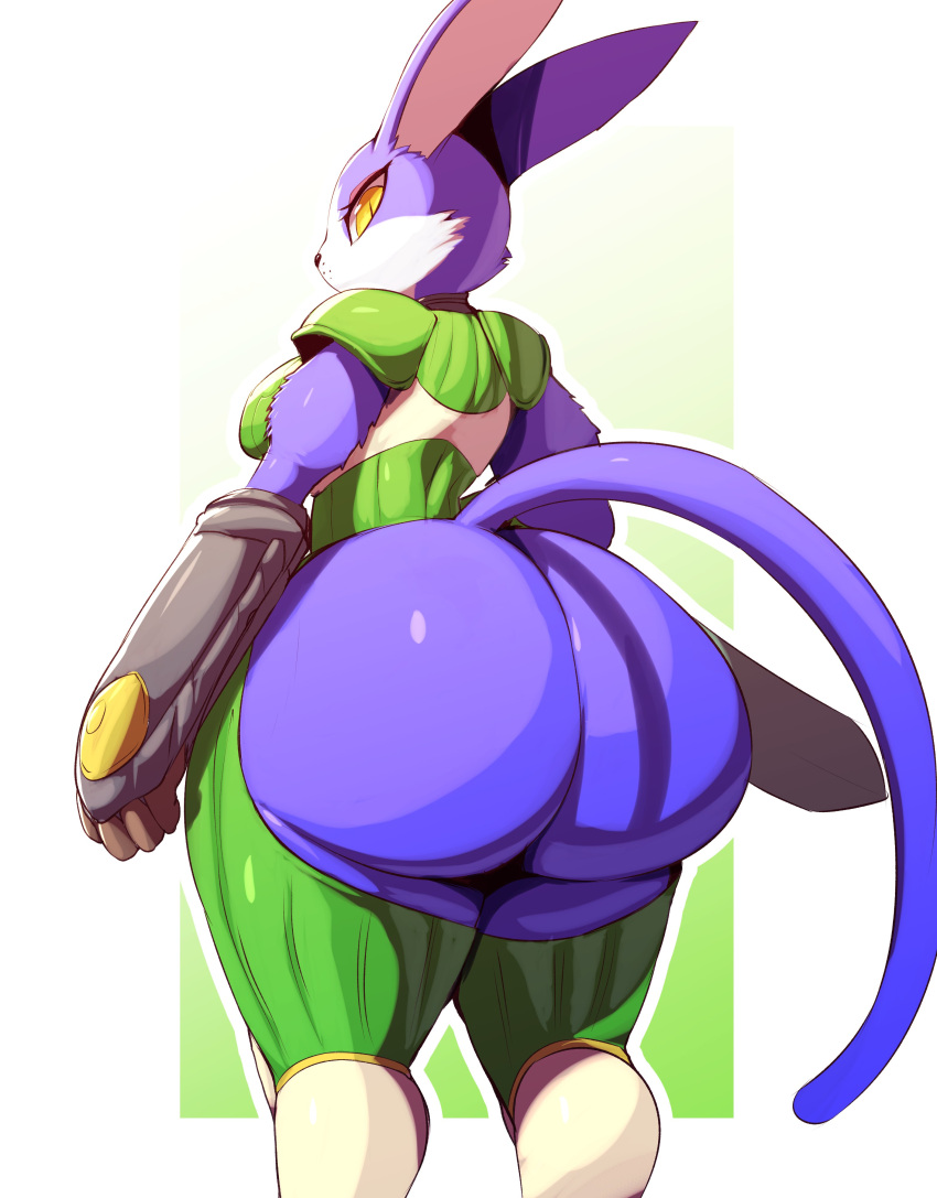 .hack absurd_res anthro armor big_butt breasts butt clothing cyberconnect2 domestic_cat exposed_butt felid feline felis female gauntlets gloves handwear hi_res huge_butt looking_at_viewer looking_back mammal mia_(.hack) purple_body solo thick_thighs trinity-fate62 yellow_eyes