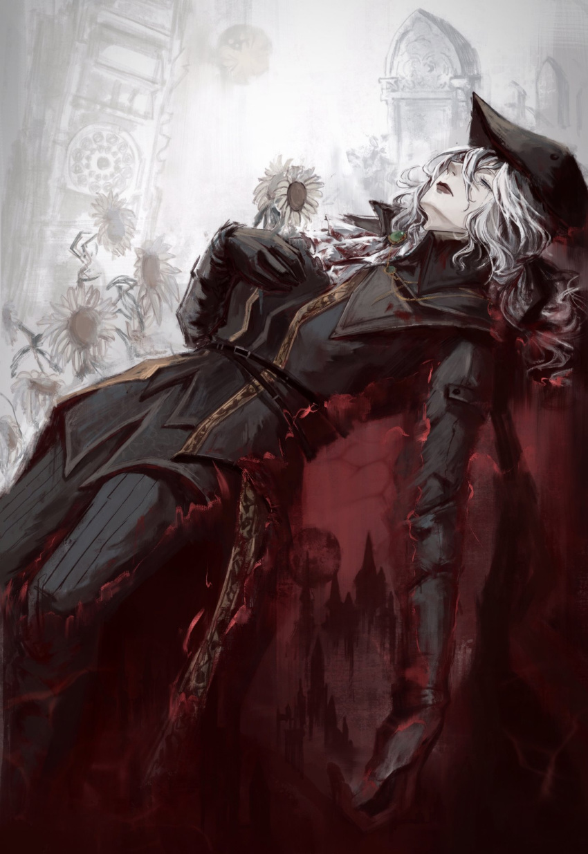 1girl ascot blood blood_on_clothes blood_stain bloodborne cape closed_eyes flower gloves hat highres huanyan420112 lady_maria_of_the_astral_clocktower long_hair pale_skin solo tricorne white_ascot white_hair
