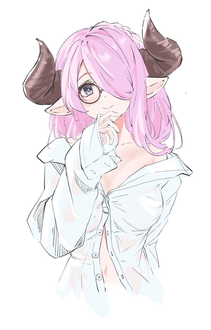 1girl absurdres blue_eyes braid brown_horns closed_mouth commentary curled_horns granblue_fantasy hair_over_one_eye hand_up highres horns keqikehe long_hair long_sleeves looking_at_viewer naked_shirt narmaya_(granblue_fantasy) navel partially_unbuttoned pink_hair pointy_ears round_eyewear shirt simple_background single_braid sleeves_past_wrists smile solo white_background white_shirt