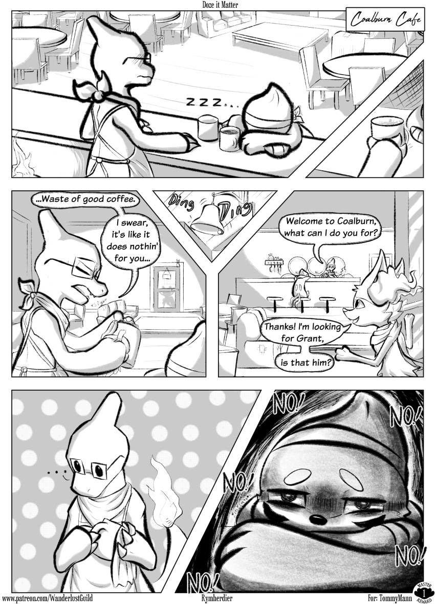 absurd_res apron beverage black_and_white braixen breezer_marais buizel chair charmeleon clothing coffee coffee_mug comic dialogue digital_media_(artwork) door door_handle doorbell dotted_background eyes_closed eyewear fan_character feral fire flaming_tail furniture glasses greyscale group hi_res inner_ear_fluff inside male mammal monochrome narrowed_eyes nintendo open_mouth opening_door pattern_background pok&eacute;mon pok&eacute;mon_(species) pok&eacute;mon_mystery_dungeon rymherdier scarf shaded sigh simple_background sleeping smile sofa sound_effects speech_bubble table text tired trio tuft video_games wanderlust zzz