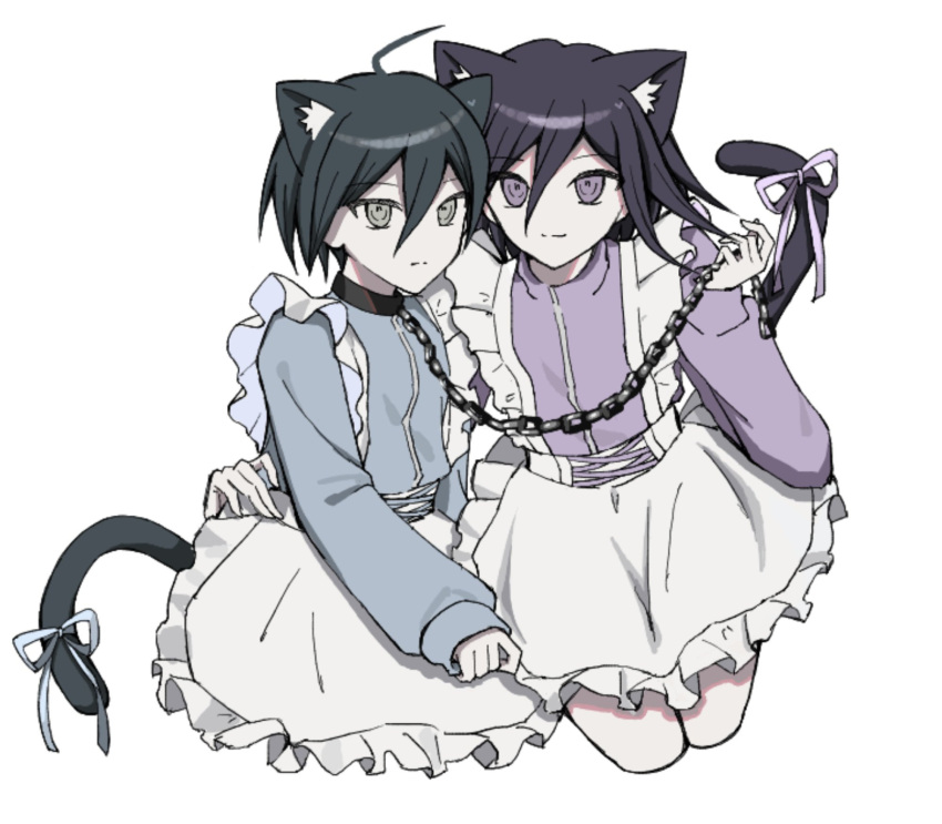 2boys ahoge animal_collar animal_ears apron black_hair cat_ears cat_tail chain chain_leash collar cropped_legs crossdressing danganronpa_(series) danganronpa_v3:_killing_harmony hair_between_eyes highres holding holding_chain jersey_maid leash long_sleeves maid medium_hair multiple_boys nene_(n_ene) oma_kokichi pink_ribbon pink_shirt ribbon saihara_shuichi shirt short_hair tail tail_ornament tail_ribbon unconventional_maid waist_apron