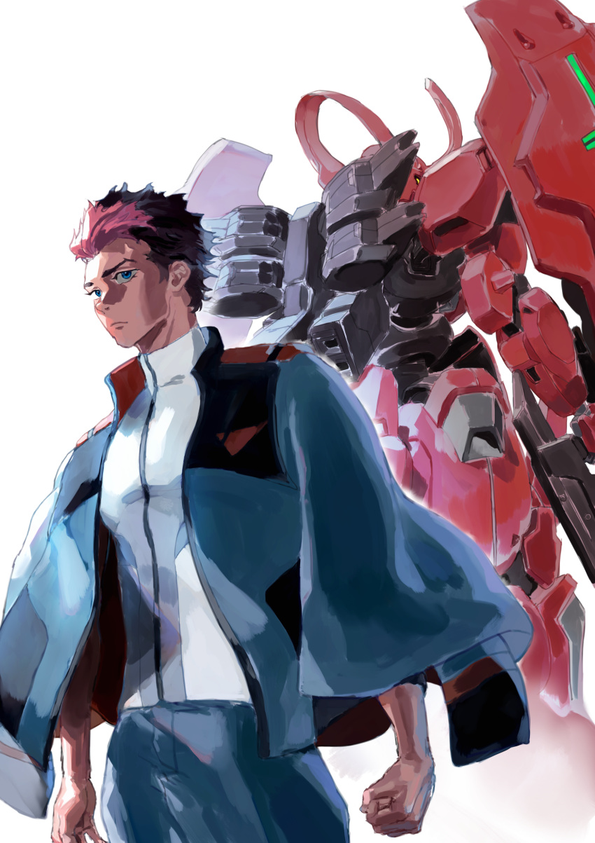 1boy absurdres asticassia_school_uniform back-to-back blue_eyes blue_pants brown_hair clenched_hand closed_mouth darilbalde dark-skinned_male dark_skin guel_jeturk gundam gundam_suisei_no_majo highres horns jacket jacket_on_shoulders male_focus mecha mobile_suit multicolored_hair open_clothes open_jacket pants pink_hair robot school_uniform shirt short_hair single_horn sukima_(user_nuvv2533) two-tone_hair very_short_hair white_background white_shirt