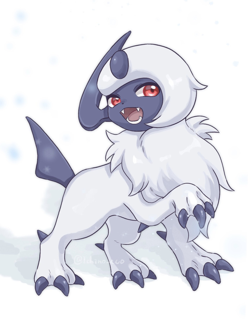 absol claws full_body highres ichino_cco no_humans open_mouth pokemon pokemon_(creature) red_eyes solo standing teeth tongue white_background white_fur