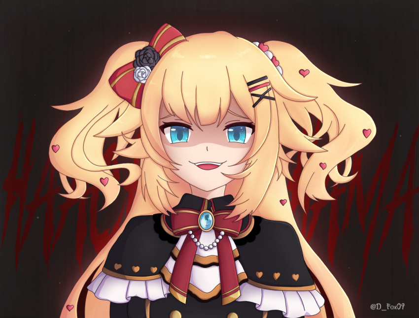 1girl akai_haato akai_haato_(gothic_lolita) artist_name black_capelet blonde_hair blue_eyes bow buttons capelet d_fox09 double-breasted frills gold_trim hair_bow hair_ornament heart heart_hair_ornament hololive long_hair looking_at_viewer official_alternate_costume open_mouth red_bow shaded_face solo teeth twitter_username two_side_up upper_body upper_teeth_only virtual_youtuber x_hair_ornament