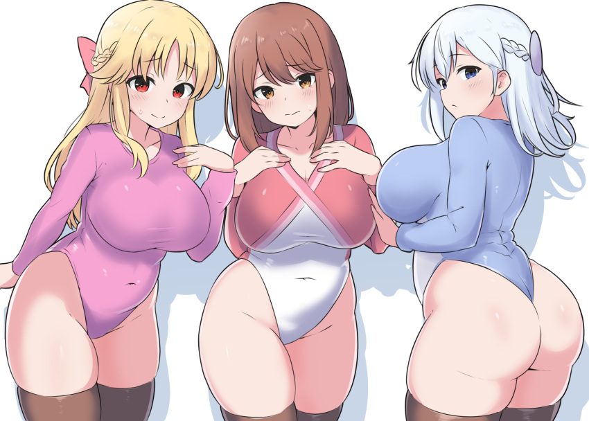 3girls amogan arm_behind_back blonde_hair blue_leotard blush bow breasts brown_eyes cleavage closed_mouth collarbone commentary_request commission covered_navel cowboy_shot girlfriend_(kari) hair_between_eyes hair_bow head_tilt highres leaning_forward leotard long_hair long_sleeves looking_at_viewer looking_to_the_side multiple_girls murakami_fumio pink_leotard pixiv_commission red_bow red_eyes red_leotard sasahara_nonoka shadow shiina_kokomi simple_background split_mouth standing sweatdrop thick_thighs thighhighs thighs white_background white_hair