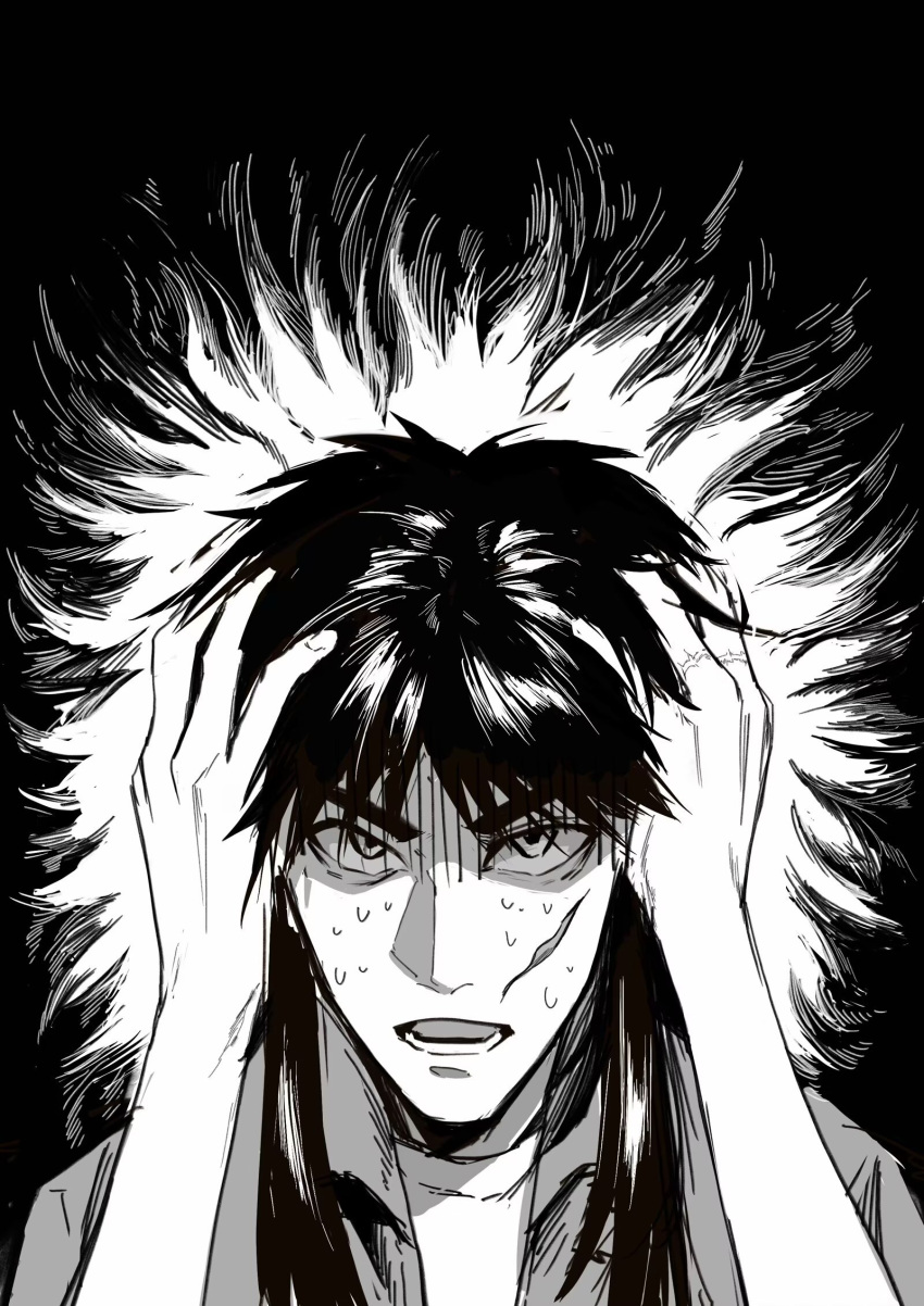 1boy gloom_(expression) greyscale hands_on_own_head highres itou_kaiji kaiji long_hair looking_at_viewer lower_teeth_only male_focus medium_bangs monochrome open_mouth scar scar_on_cheek scar_on_face scar_on_hand sidelocks solo sweat teeth upper_body zhaiju2