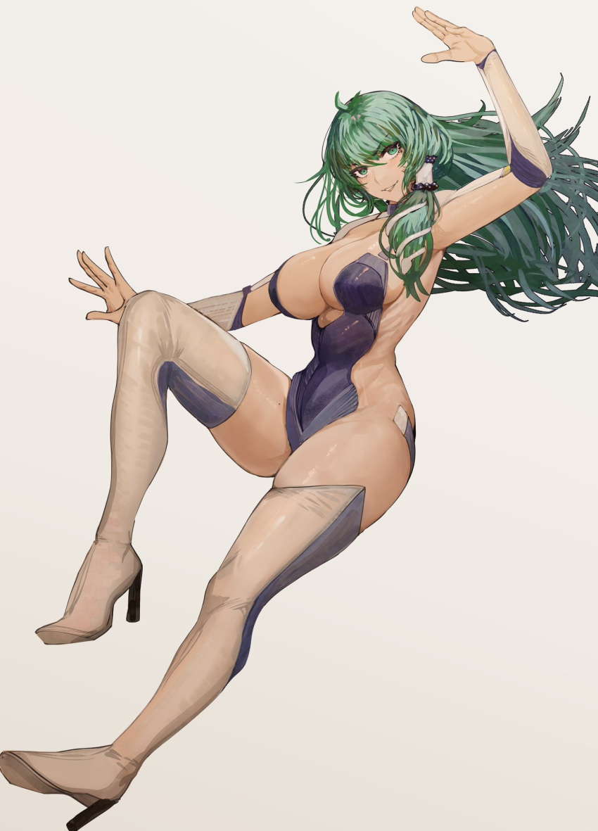 1girl black_leotard boots breasts cleavage commission detached_sleeves full_body green_hair grey_background hair_ornament hair_tubes highres kochiya_sanae large_breasts leotard long_hair simple_background snake_hair_ornament solo thigh_boots tomatolover16 touhou