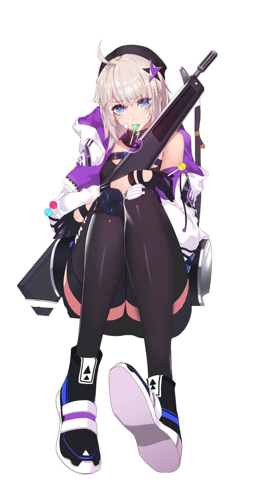 1girl aa-12 aa-12_(girls'_frontline) absurdres ahoge bandaid bandaid_on_cheek bandaid_on_face bandaid_on_knee bandaid_on_leg black_footwear black_gloves black_headwear black_shorts black_thighhighs blue_eyes candy dpwlsgns12 food food_in_mouth girls'_frontline gloves grey_hair gun hair_ornament hat highres holding holding_candy holding_food holding_gun holding_lollipop holding_weapon hood hooded_jacket jacket knee_pads lollipop looking_at_viewer medium_hair multicolored_clothes multicolored_jacket open_clothes open_jacket purple_jacket shoes shorts shotgun single_knee_pad sitting sneakers solo star_(symbol) star_hair_ornament thighhighs two-tone_jacket weapon white_background white_jacket